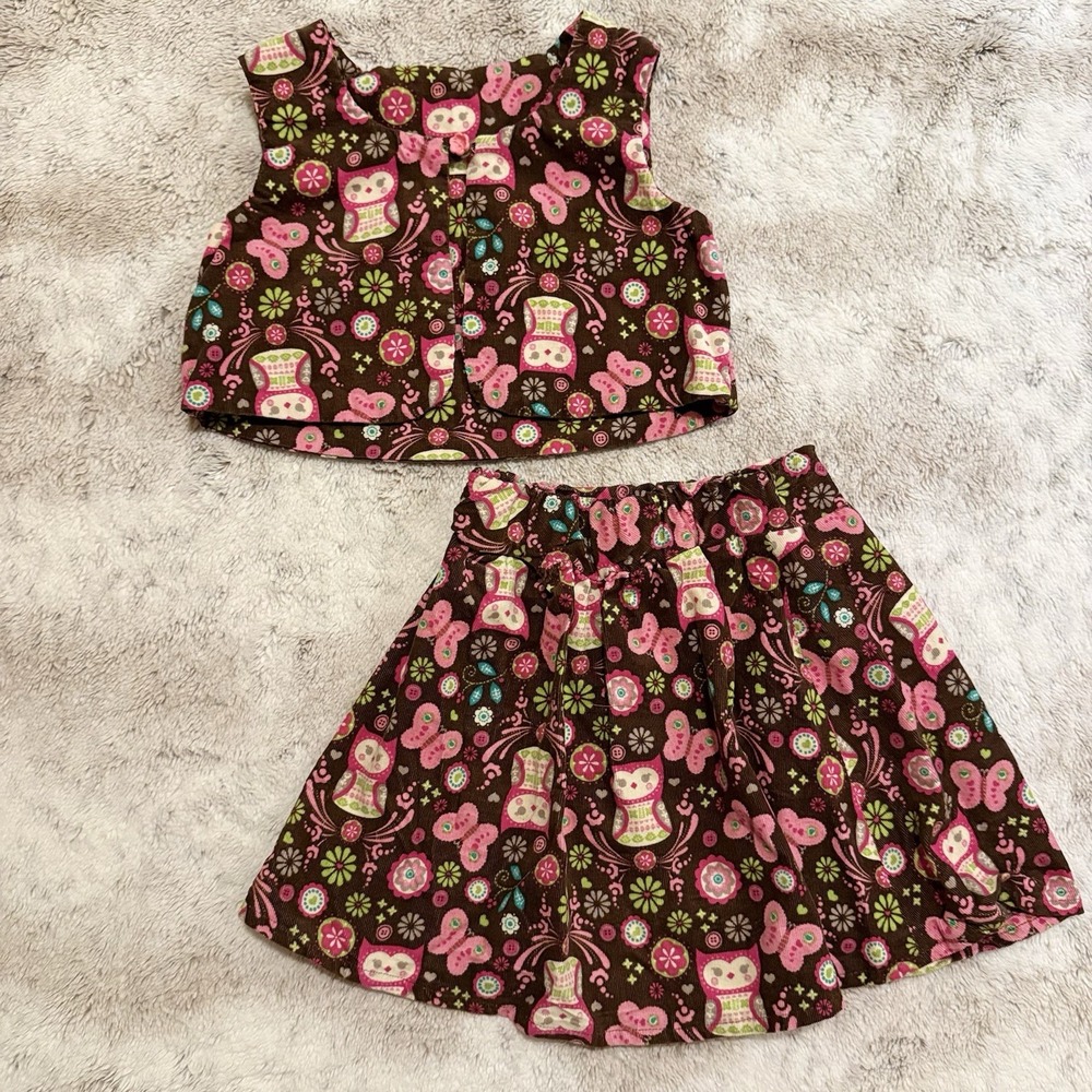 Home Made Toddler Pink And Brown Owl Print Vest And Skirt Outfit Size 3T